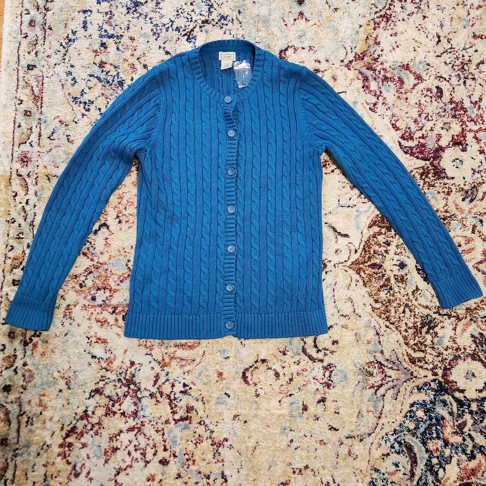 L.L.Bean Cable Knit Crew Neck Cardigan Sweater 100% Cotton Teal Blue Size Large